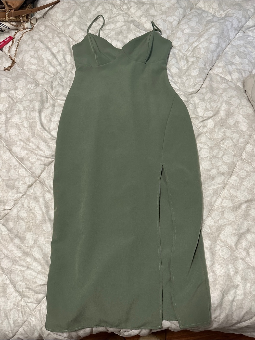 Windsor Olive Green Spaghetti-Strap Midi Dress with Side Slit